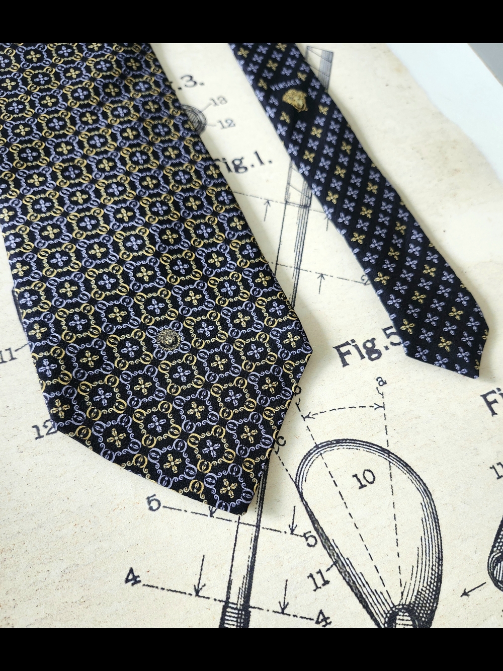 Versace Black Silk Tie with Gold & Blue Medallions